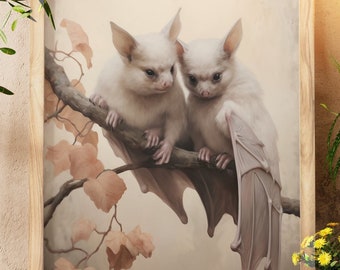 Whimsical Albino Bat Art Print, Autumn Dreamscape, Fantasy Nature Wall Art, Unique Wildlife Illustration, Home Decor