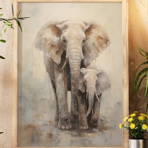 Arte de pared rústico con elefantes, impresión en lienzo de madre y bebé elefante, decoración de vida silvestre grande para el hogar