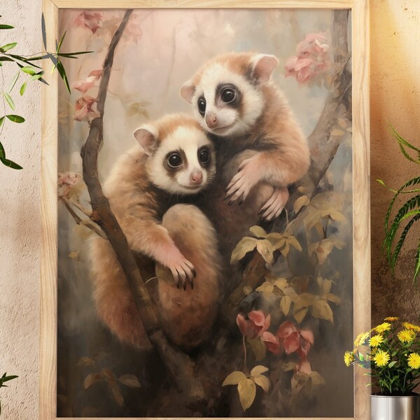 Slow Loris Pair Art Print, Adorable Wildlife Wall Decor, Large Animal Poster, Nature Inspired Living Room Artwork, Exotic Nursery Art