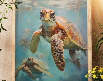 Colorful Sea Turtle Wall Art, Ocean Life Canvas Print, Large Marine Animal Wall Decor, Underwater Themed Artwork for Home