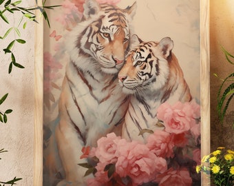 Vintage Rustic Tiger Couple Art Print, Romantic Wildlife Wall Art Minimal Floral Tiger Painting Large Bedroom Decor Wall Art
