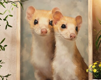 Adorable Ferret Duo Wall Art, Cute Animal Canvas Print, Warm Tone Home Decor, Pet Lover Gift Idea