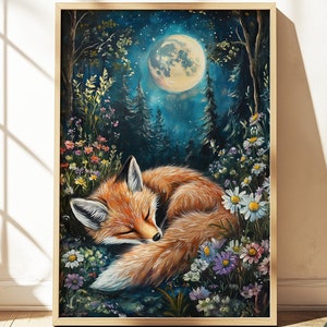 キツネのウォールアート、眠っているキツネのアートプリント、自然の月明かりに照らされた動物の装飾、森のキツネのウォールアート、森のキツネの絵画、寝室用のキツネのウォールアート