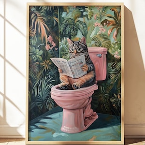 Arte divertente per il bagno con gatti, decorazione da parete per il water eccentrica, stampa di un gatto che legge il giornale, arte da parete con animali per il bagno, decorazione da parete con gatti umoristici