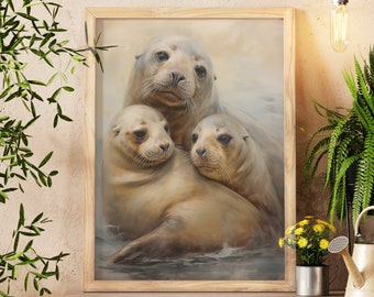 Seal Family Portrait Wall Art, Ocean Wildlife Oil Painting Print, Coastal Decor, Marine Life, Animal Lovers Gift Idea