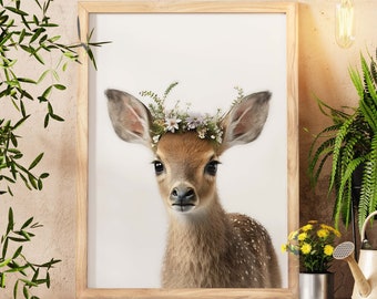 Deer Wall Art, Baby Animals With Floral Crown, Farmhouse Wall Decor, Gifts For Sister, Bedroom Wall Art, Trendy Wall Art, House Warming Gift