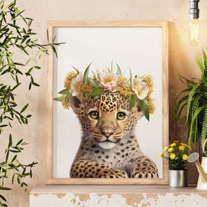 Baby Jaguar Art Print, Jaguar Floral Crown Wall Art, Wildlife Nursery Décor, Bedroom Wall Art, Extra Large Wall Art, Unique Gift Ideas Women