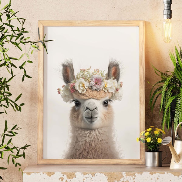 Llama Floral Crown Print - Charming Nursery Animal Wall Art, Perfect for Child's Room, Ideal Gift for Mothers, Adorable Wall Adornment