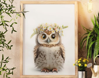 Woodland Owl Digital Art Print, Owl Bird With Floral Crown Wall Art, Birthday Gift, Home Decor, Farmhouse Decor, Nursery Wall Art