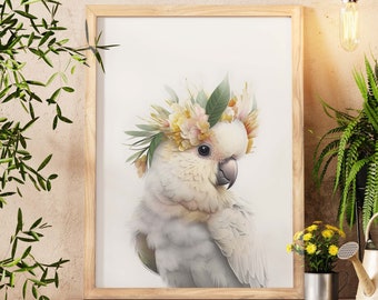 White Cockatoo Wall Art, Flower Crown, Gift For Her, Digital Wall Art Prints, Housewarming Gift, Wall Hangings, Nursery Wall Decor