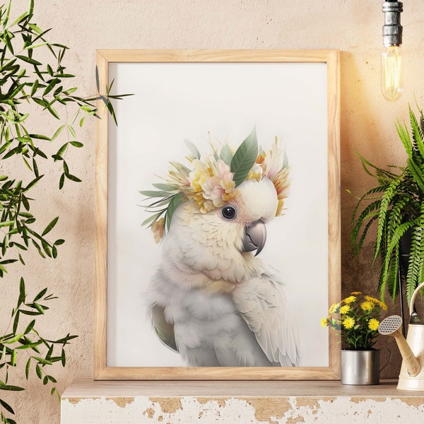 White Cockatoo Wall Art, Flower Crown, Gift For Her, Digital Wall Art Prints, Housewarming Gift, Wall Hangings, Nursery Wall Decor