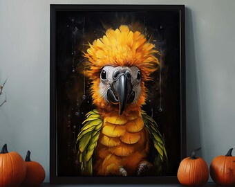 Parrot Halloween Art, Vintage Bird Print, Aesthetic Tropical Decor, Nursery Wall Accent, Beach House Theme, Artistic Room Gift