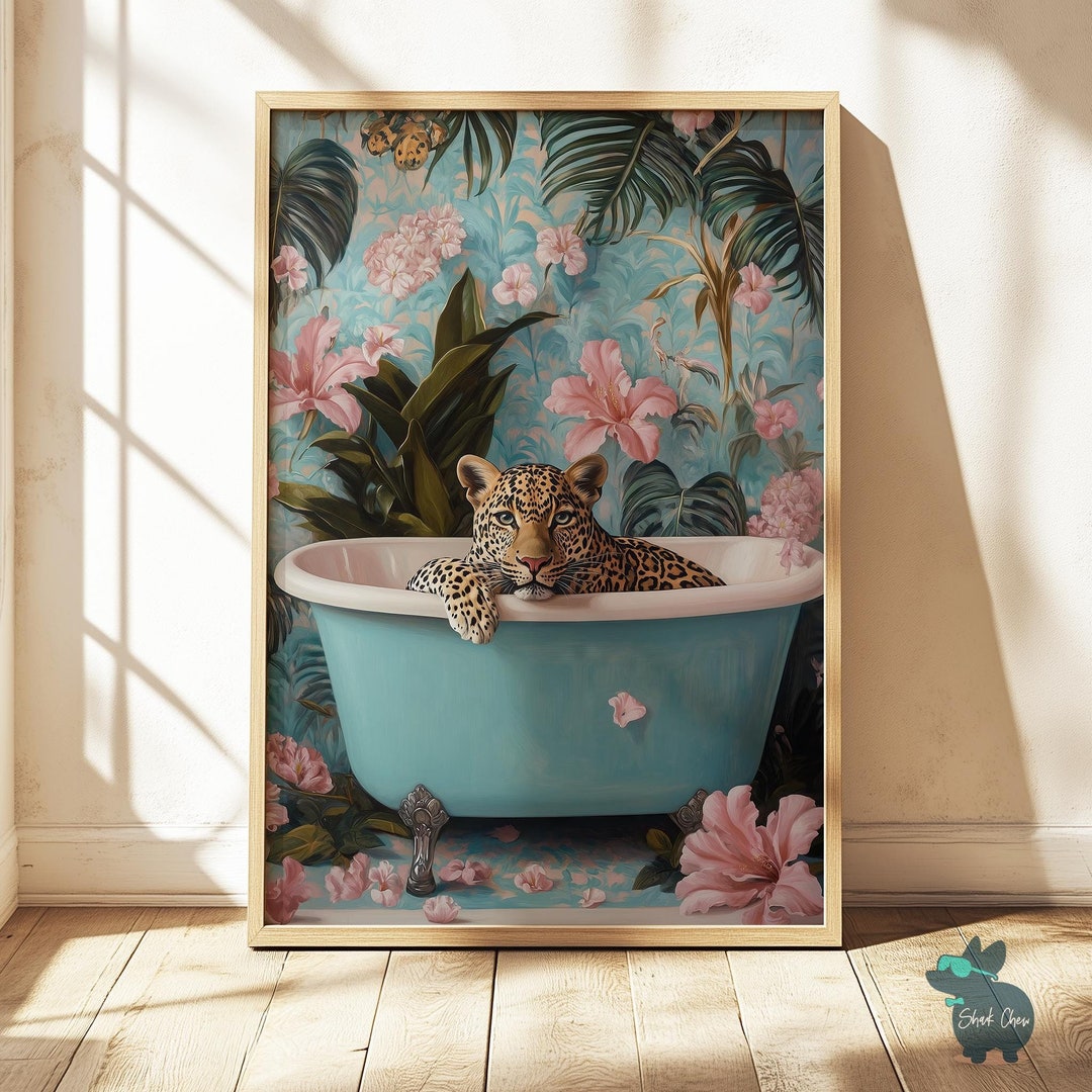 Tropical Leopard Bathroom Wall Art, Fun Animal Print, Jungle Bathtub ...