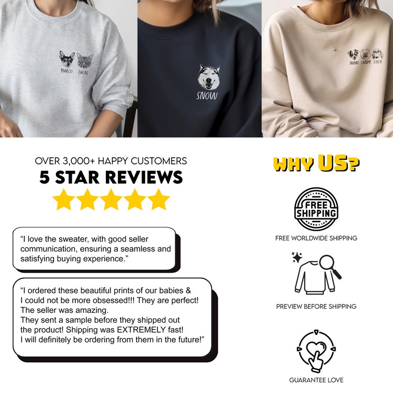 Puede incluir: Tres sudaderas diferentes con retratos personalizados de mascotas impresos en la parte delantera. Las sudaderas son de color gris, negro y beige. El texto "OVER 3,000+ HAPPY CUSTOMERS 5 STAR REVIEWS" est&aacute; en la parte superior de la imagen. El texto "WHY US?" est&aacute; en la parte superior derecha de la imagen. El texto "FREE WORLDWIDE SHIPPING" est&aacute; debajo del texto "WHY US?" El texto "PREVIEW BEFORE SHIPPING" est&aacute; debajo del texto "FREE WORLDWIDE SHIPPING". El texto "GUARANTEE LOVE" est&aacute; debajo del texto "PREVIEW BEFORE SHIPPING". Se muestran dos rese&ntilde;as de clientes debajo de las sudaderas. La primera rese&ntilde;a dice "Me encanta la sudadera, con una buena comunicaci&oacute;n del vendedor, lo que garantiza una experiencia de compra fluida y satisfactoria." La segunda rese&ntilde;a dice "Ped&iacute; estas hermosas impresiones de nuestros beb&eacute;s y no pude estar m&aacute;s obsesionada!!! Son perfectas! El vendedor fue incre&iacute;ble. Enviaron una muestra antes de enviar el producto! El env&iacute;o fue EXTREMADAMENTE r&aacute;pido! Definitivamente volver&eacute; a pedirles en el futuro!"