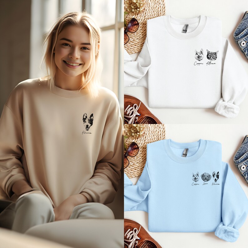Puede incluir: Tres sudaderas diferentes con retratos de mascotas personalizados. La primera sudadera es beige con un retrato de perro en blanco y negro y el nombre "Karen" escrito debajo. La segunda sudadera es blanca con dos retratos, un perro y un gato, y los nombres "Copper" y "Athena" escritos debajo. La tercera sudadera es azul claro con tres retratos, dos perros y un gato, y los nombres "Copper", "Luna" y "Karen" escritos debajo.