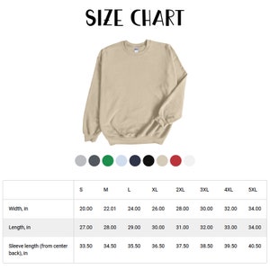 Puede incluir: Tabla de tallas para una sudadera en varios tama&ntilde;os, que muestra el ancho, la longitud y la longitud de la manga en pulgadas.