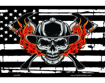 Firefighter Skull and Flames over Subdued American Flag front Novelty License Plate LP2380