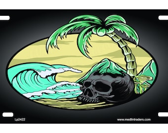 Skull Under A Palm Tree On The Beach Novelty Front License Plate LP2422