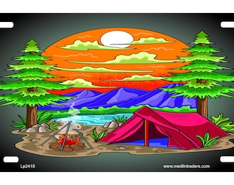 Camping Tent in the woods with a fire Novelty Front License Plate LP2415