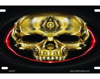 Glowing Golden Skull Novelty Front License Plate LP2418