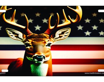 Buck Deer in Front of an American Flag Novelty Front License Plate LP2431