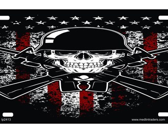 Skull  with Crossed Assault Rifles in Front of A Distressed American Flag Novelty Front License Plate LP2413