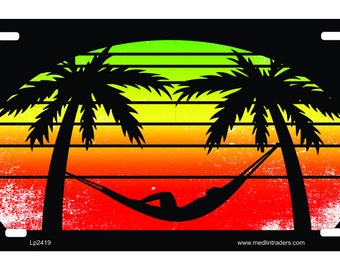 Hammock between two palm trees in the sunset Novelty Front License Plate LP2419