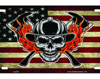Firefighter Skull and Flames over American Flag front Novelty License Plate LP2381