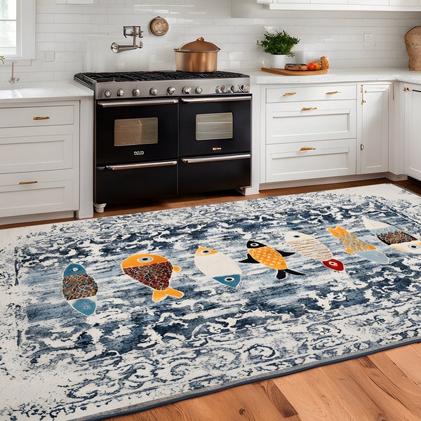 fish kitchen area rugs washable farmhouse style abstract blue ocean  kitchen floor mat kitchen runner boho carpet kitchen gift kitchen decor