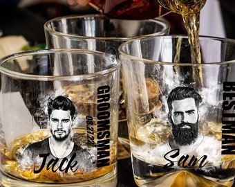 Handcrafted Whiskey Glasses Groomsmen Gift for Him Ideas Personalized Portrait from Photo Groom Wedding Gift Custom Groomsmen Proposal Box