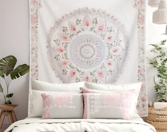 White Pink Bohemian Tapestry Wall Hanging Mandala Floral Hippie Flower Aesthetic Wreath Cream Wall Decor Blanket for Bedroom Home Dorm