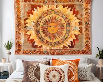 Bohemian Sun Tapestry Aesthetic, Tapestry Wall Hanging Vintage, Room Decor, Colorful Wall Decoration, Floral Wall Art, Home Decoration Gift