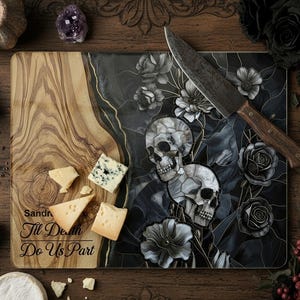 Personalized serveware for couple featuring custom wood chopping board, engraved charcuterie board, and stained glass marble tray. Unique wedding gift, Valentine’s Day gift, fiancé gift, husband gift, boyfriend gift, and personalized gift for her. Includes skeleton anniversary design, bridal shower gift option, and handle decorations. Ideal custom cutting board for him or her, perfect kitchen décor and special occasion present.”
