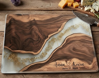 Personalized Glass Charcuterie Board Marble Wood Look Cutting Board Unique Wedding Gift Bridal Shower Gift for Bride Engagement Gift for Her