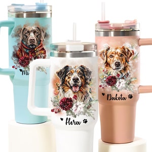 Custom Dog Photo Tumbler, Personalized Christmas Gifts for Dog Mom, Engrave Your Photo on 40oz Tumbler With Handle