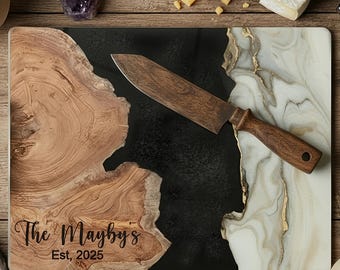 Personalized Glass Charcuterie Board, Marble Wood Look Cutting Board, Custom Wedding Gift Chopping Board Realtor Kitchen Decor Closing Gifts