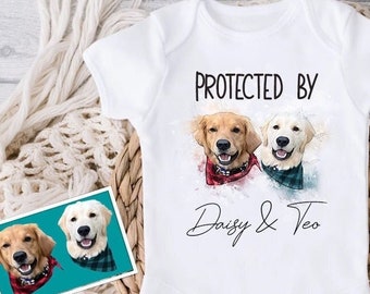 Personalized Dog Name Baby Onesie®, Custom Bodysuits, Baby Girl Gift, Baby Boy Gift, Baby Shower Gift, Reveal Protected by Custom Dog Name