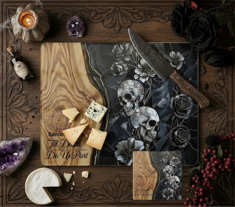 Personalized Glass Charcuterie Board Wood Marble Look Custom Cutting Board Halloween Gift Wedding Gift for Couple Engagement Anniversary image 12