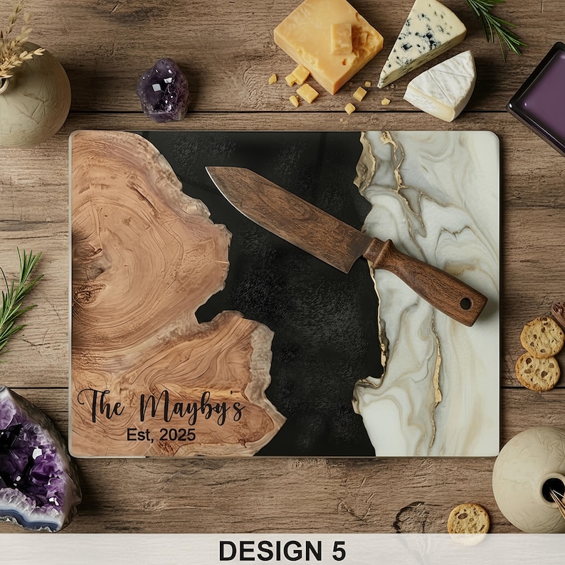 Personalized Glass Charcuterie Board Marble Wood Look Cutting Board Unique Wedding Gift Bridal Shower Gift Anniversary Valentines Day Gift