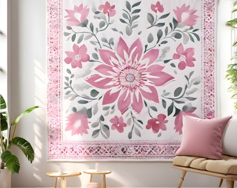 White Pink Bohemian Tapestry Wall Hanging Mandala Floral Hippie Flower Aesthetic Wreath Cream Wall Decor Blanket for Bedroom Home Dorm