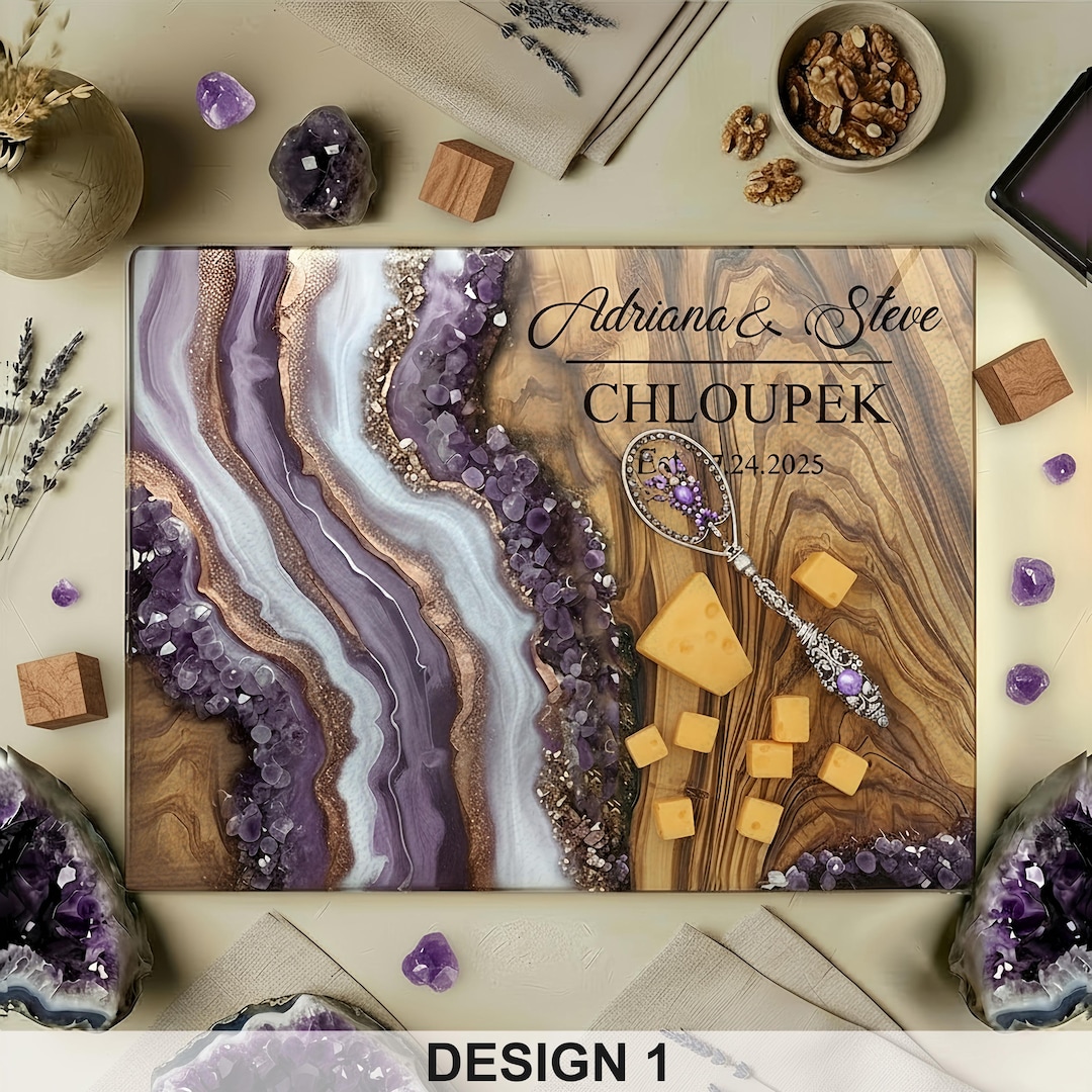 Personalized Glass Charcuterie Board, Gemstones Rose Quartz Amethyst Wood Look Cutting Board Bridal Wedding Shower Custom Chopping Board