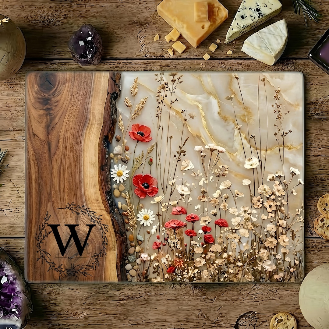 Personalized Charcuterie Board Wildflower Wood Look Cutting Board Unique Wedding Gift For Couple Bridal Shower Gift Engagement Gift for Her - Design #L7, 11"x15"/Text Style:5