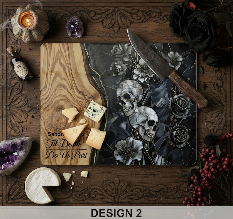 Personalized serveware for couple featuring custom wood chopping board, engraved charcuterie board, and stained glass marble tray. Unique wedding gift, Valentine’s Day gift, fiancé gift, husband gift, boyfriend gift, and personalized gift for her. Includes skeleton anniversary design, bridal shower gift option, and handle decorations. Ideal custom cutting board for him or her, perfect kitchen décor and special occasion present.”