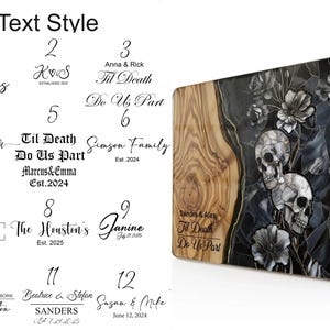 May include: A decorative wooden cutting board with a unique design. The board features a wood grain pattern, a black and gray floral design, and two skulls. Text on the board reads "Til Death Do Us Part."