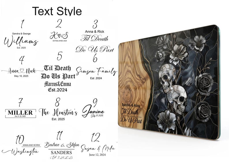 May include: A decorative wooden cutting board with a unique design. The board features a wood grain pattern, a black and gray floral design, and two skulls. Text on the board reads "Til Death Do Us Part."
