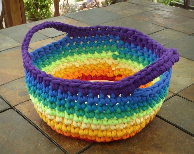 Crocheted Rainbow Basket - Recycled Cotton T-Shirts - 9 inch Round with Wood Base - Free Shipping (US)