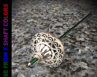 Tibetan Style Support Spindle No.642 - Heavier Weight, 1.5 in. Alloy Whorl, Silver Filigree, 9 Shaft Colors - FREE SHIPPING