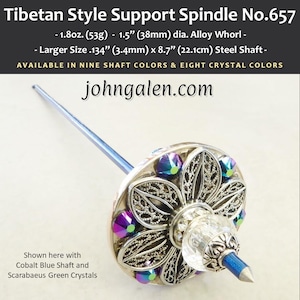 Support Spindle No.657 - Tibetan Size-Tahkli Style - Floral Filigree and Alloy Whorl - Choice of Shaft & Crystal Colors - FREE SHIPPING