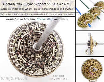 Support Spindle No.671 - Silver Aztec Calendar and Brass Filigree - Tibetan Size/Tahkli Style in 3 Shaft Colors  - FREE SHIPPING