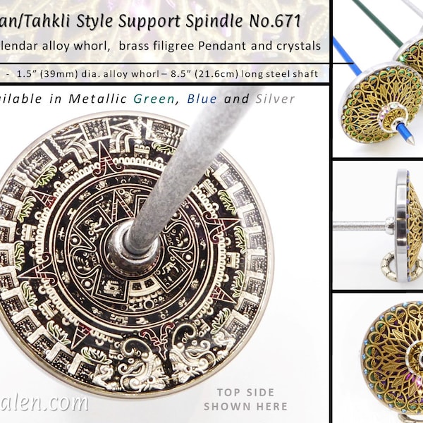 Support Spindle No.671 - Silver Aztec Calendar and Brass Filigree - Tibetan Size/Tahkli Style in 3 Shaft Colors  - FREE SHIPPING